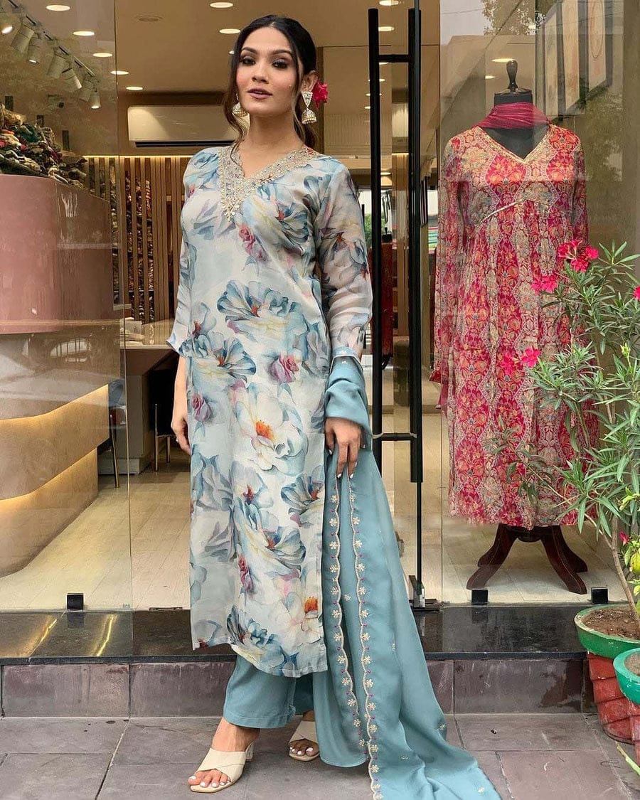 MT Heavy Organza Embroidery Kurti With Bottom Dupatta Wholesale Shop In Surat
